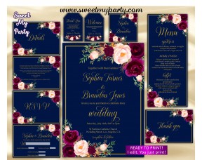 Navy Burgundy Wedding Invitation suite, Maroon Wedding invitation set, (84)